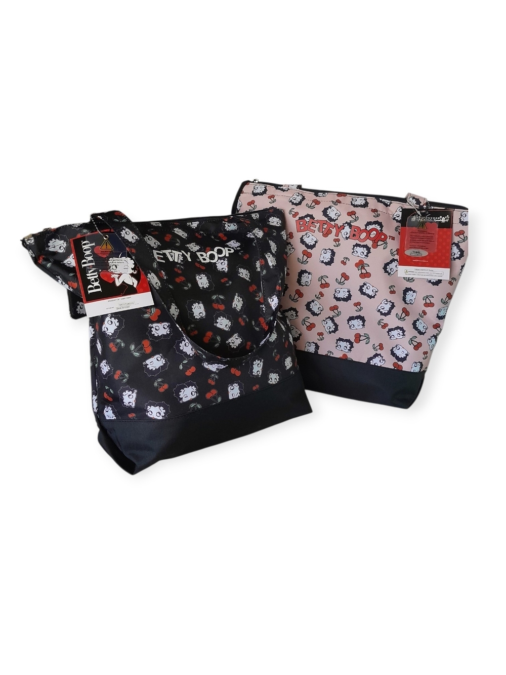 2 Piece Betty Boop Cherry Print Shoulder Tote With Attached Pouch Bag Pink Black - Picture 10 of 10